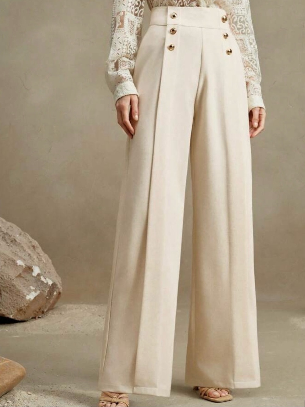 High-Waist Wide-Leg Cream Trousers with Button Detail